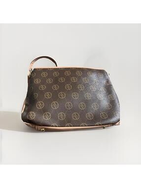 Adrienne Vittadini Crossbody Bag Brown Monogram Logo Faux Leather Purse